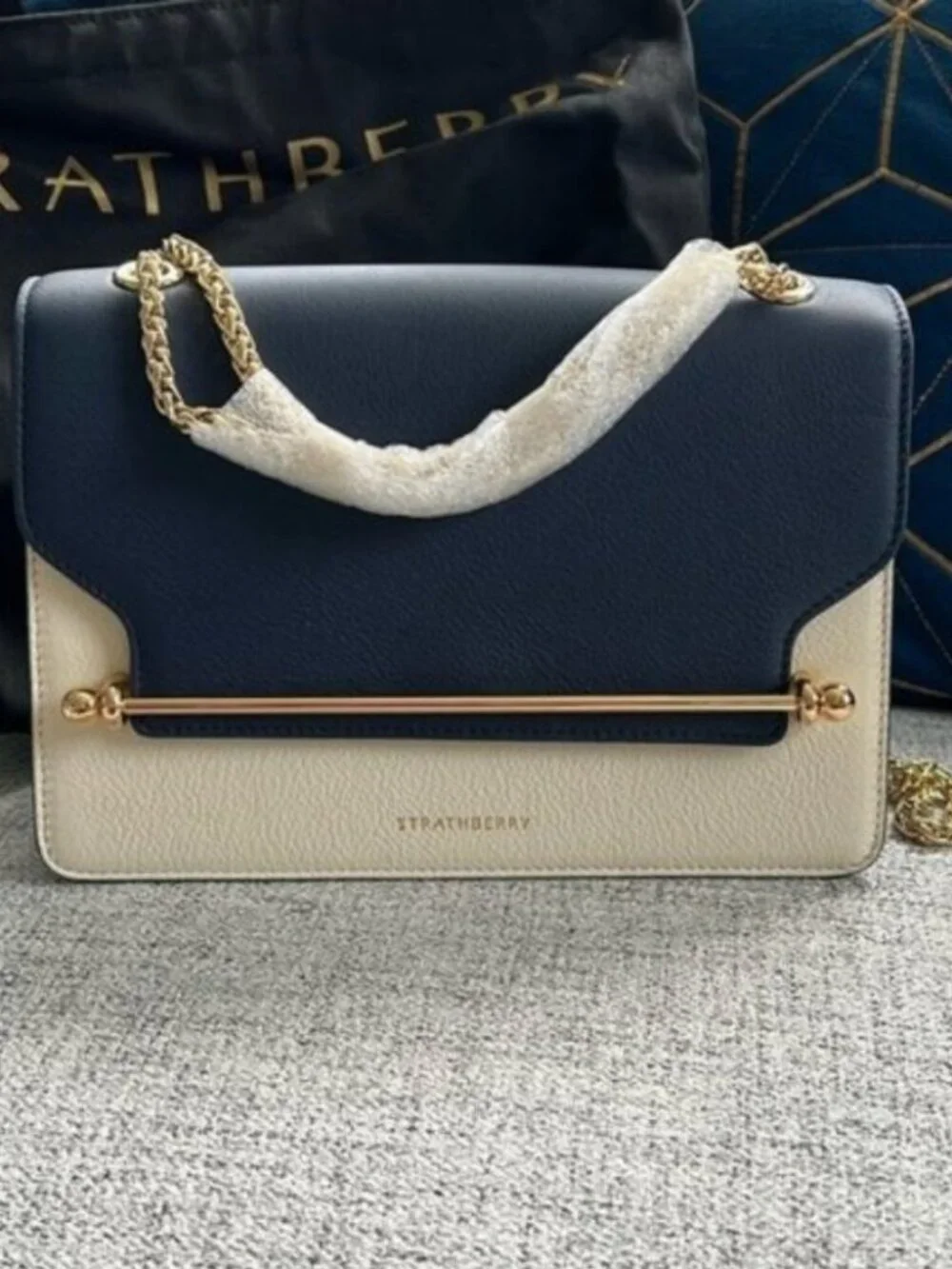 New Strathberry Navy Cream Leather Mini Bag w/ Shearling Handle & Gold Hardware